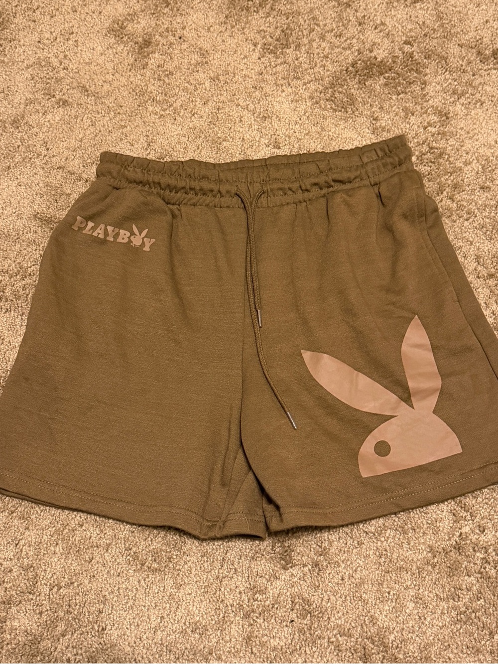 PlayBoy Sweat Shorts Mens Medium Brown 5'' Inseam Elastic Waist Drawstring Logo